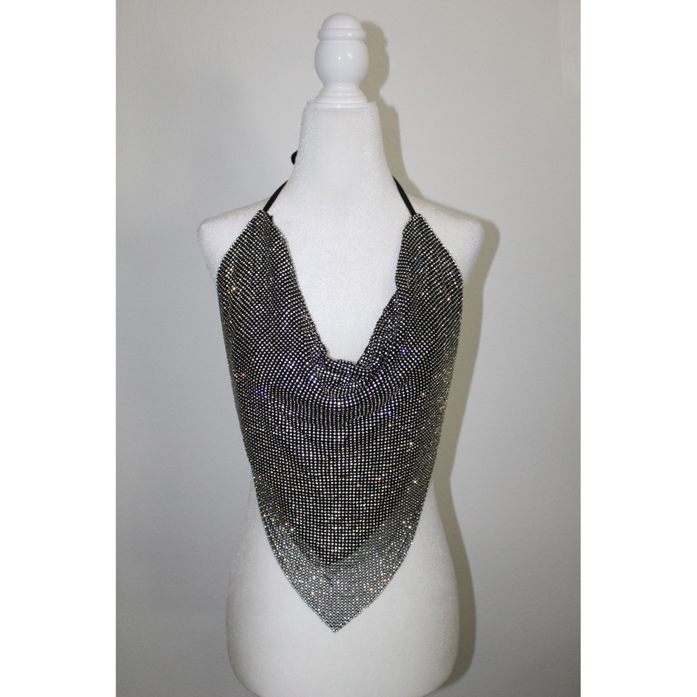 Lydia USA Rhinestone Mesh Halter Cowl Neck Top Black Silver L-3655 OS